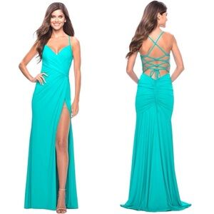 NWT La Femme 31331 Long Crisscross Ruched Back Open Lace Back Dress Sz 6 Aqua